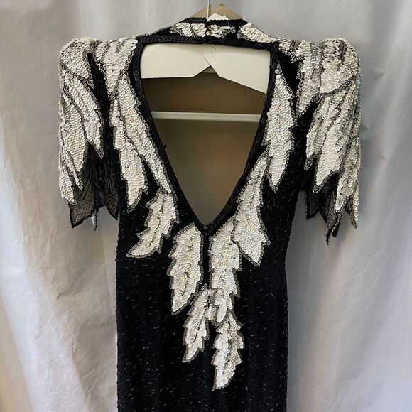 Cache Silk Hand Beaded Sequin Black White Dress 80s Puff Sleeve Womens 4 Leaves - Picture 6 of 16